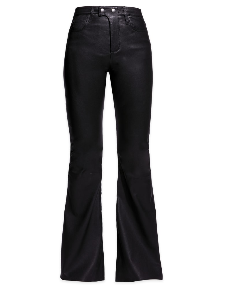 Front of a size 18 Robbie Stretch Leather Flares in Black by AS by DF. | dia_product_style_image_id:312126